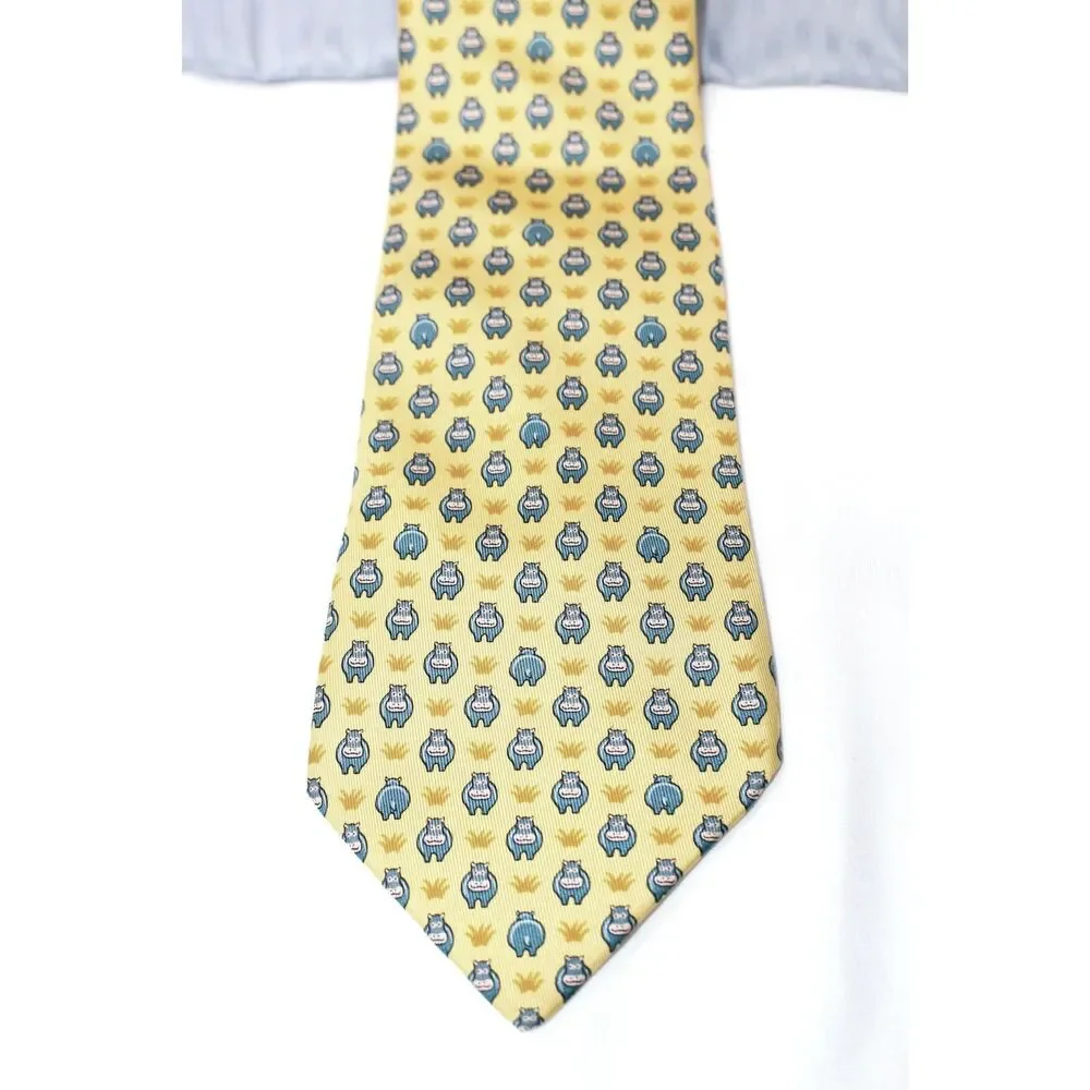 Hermès Yellow (RARE) Background w/Blue Hippopotamus Animal Print Silk Necktie!